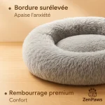 Bénéfices panier apaisant Panier pour animaux gris, rond et moelleux, avec bordure surélevée et rembourrage épais. Texte indiquant “Bordure surélevée – apaise l’anxiété” et “Rembourrage premium – confort”, avec le logo ZenPaws