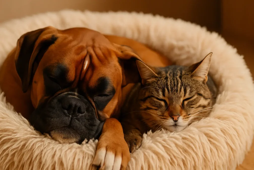 Chien boxer et chat calmes, détendus et apaisés dormant l'un à coté de l'autre
