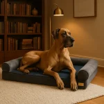 Dogue allemand dans lit orthopédique Dogue allemand couché fièrement dans un lit orthopédique pour chien