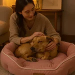 chien dans coussin cocoon et design chien danscoussin cocoon et design de couleur rose, qui se fait caresser par son maître : bienêtre du chien