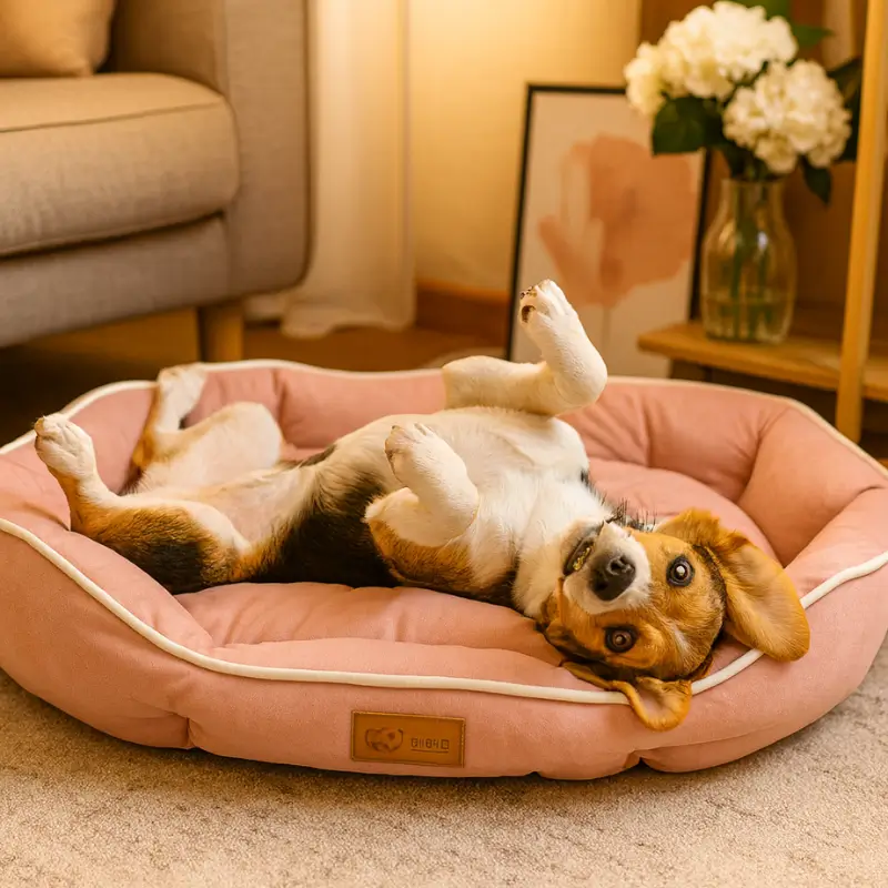 chien beagle dans un coussin pour chien cocoon et design de couleur rose poudré