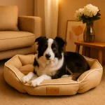 Coussin cocoon et design beige Border collie dans coussin pour chien cocoon et design beige