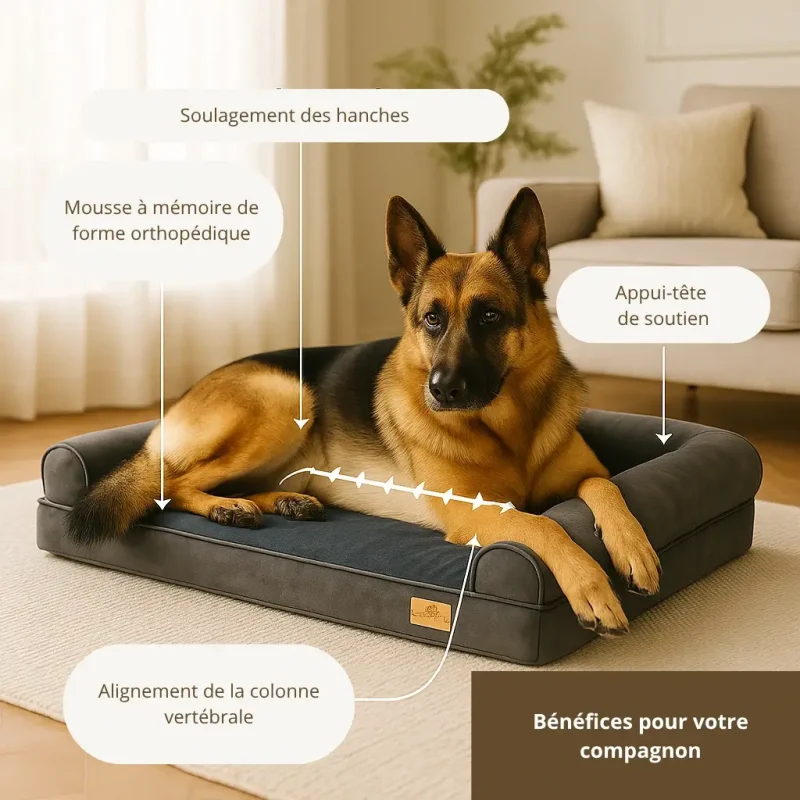 Description des bénéfices du lit orthopédique : alignement de la colonne, soulagement articulation, appui-tête de soutien, mousse à mémoire de forme