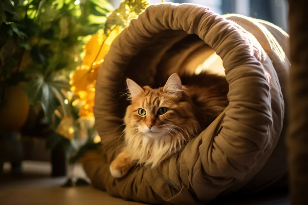 Chat détendu dans un tunnel doux et cosy, symbole de confort et de bien-être.