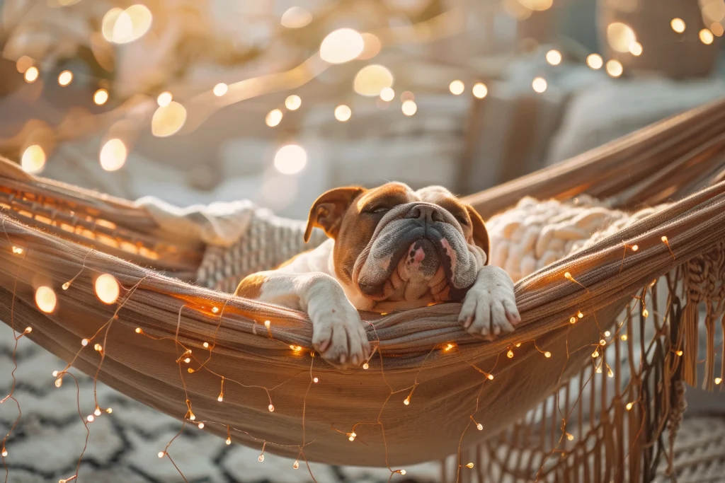 Chien Bulldog endormi dans un hamac cosy illuminé, symbole de confort et de bien-être pour les animaux