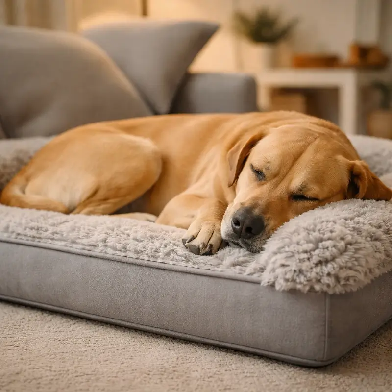 Labrador dormant profondément dans son coussin ZenPaws. Sommeil apaisant et réparateur